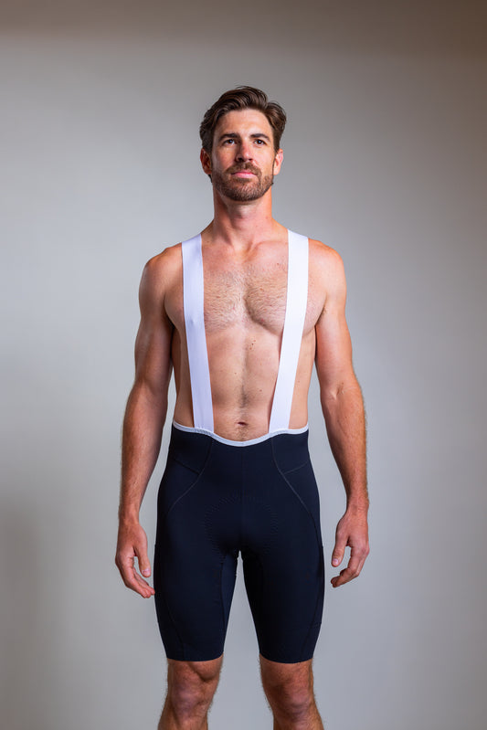 Front view of Ardei men's black cargo cycling bib shorts